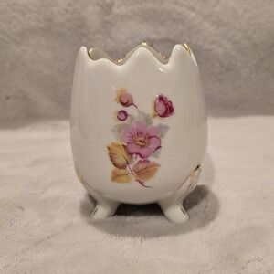 Vintage I.W. Rice Co Porcelain Egg Trinket Holder Floral Gold Trim Made in Japan